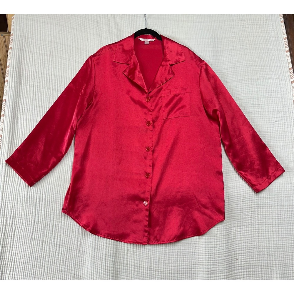 VTG Victoria's Secret Red Satin Sleep Shirt Long Sleeve Button Up Womens M Y2K